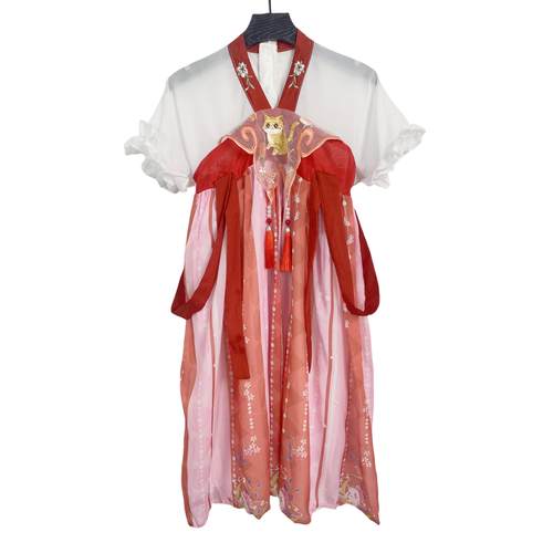 T09夏季新款儿童复古猫咪刺绣汉服洋气国风女童连衣裙演出舞蹈服