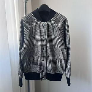 C5012新品千鸟格短外套女棒球领宽松秋冬夹克上衣韩系毛呢大衣