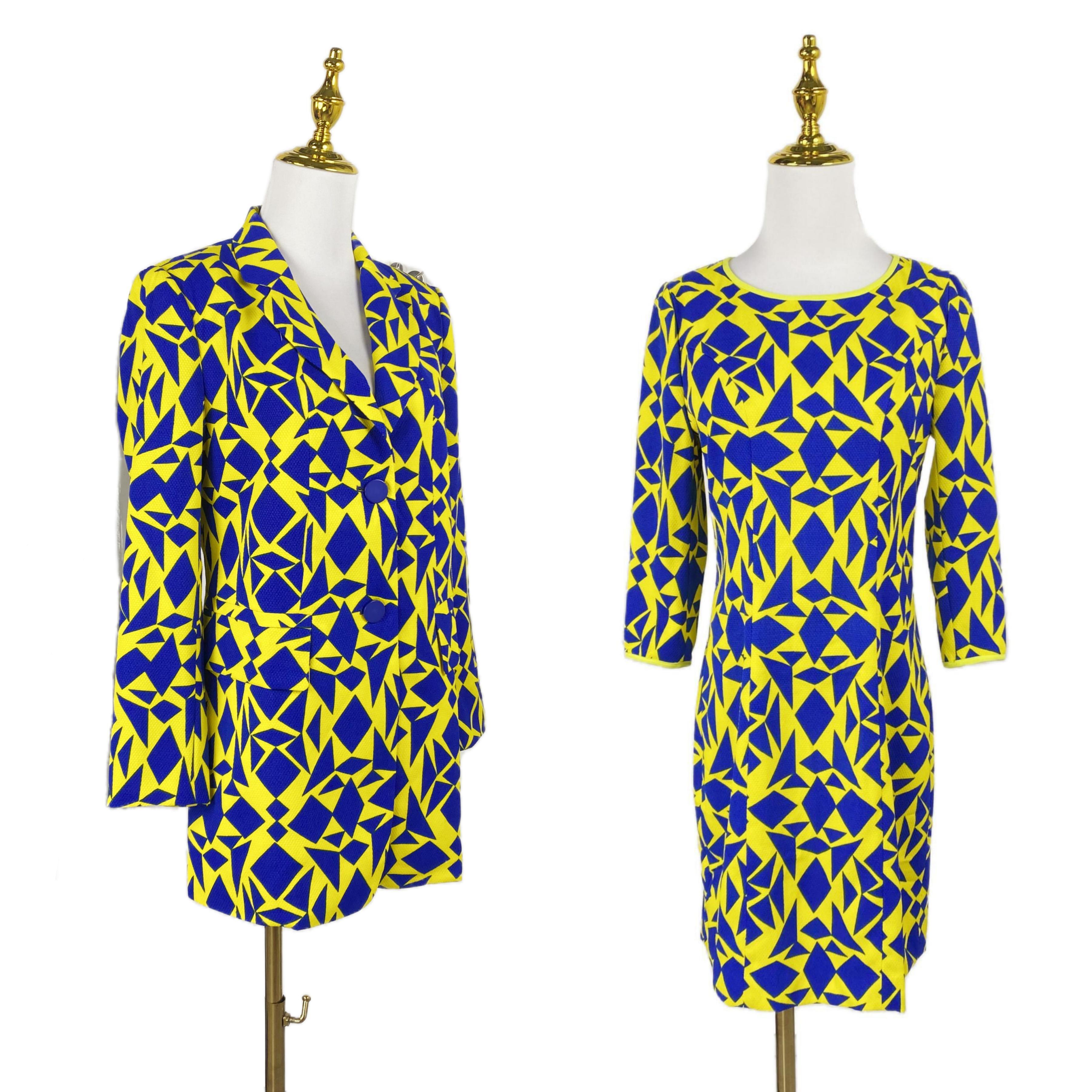 H3102外贸新款几何图形印花女西装外套时尚气质圆领七分袖连衣裙