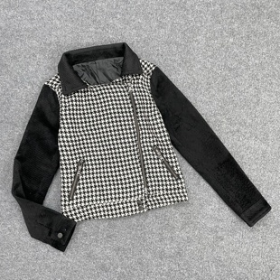 休闲拼接拉链夹克 粗纺线千鸟格翻领外套秋季 K6024日单新款 女装