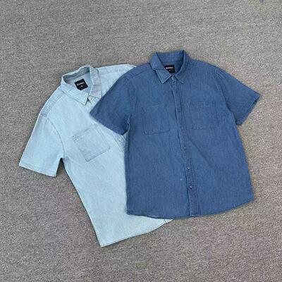 C7183新款简约基础款牛仔短袖衬衫工装风宽松版型百搭上衣