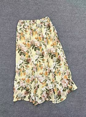 E2267新款法式复古油画感黄底碎花半身裙显瘦垂感飘逸大摆A字裙