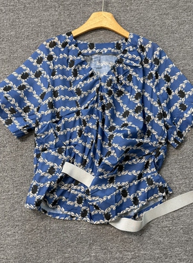 B2232新款韩版印花上衣夏季蓝色法式松弛感藏肉显瘦通勤上衣