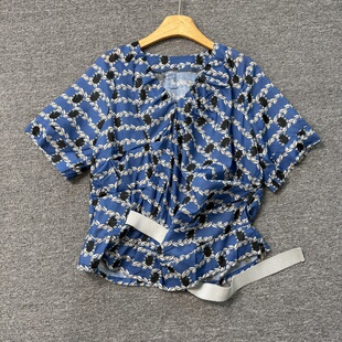 B2232新款韩版印花上衣夏季蓝色法式松弛感藏肉显瘦通勤上衣