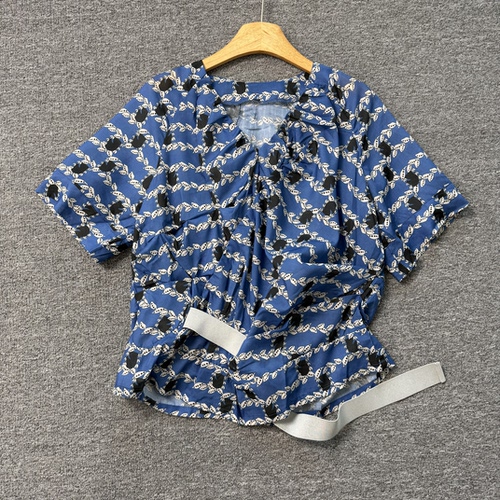 B2232新款韩版印花上衣夏季蓝色法式松弛感藏肉显瘦通勤上衣