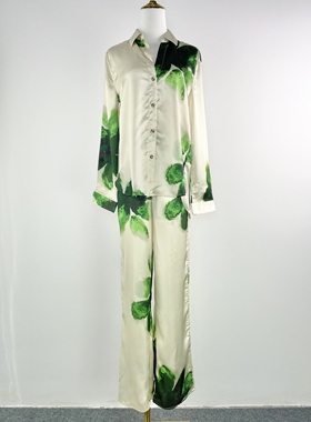 C2189外贸新款顺滑垂性印花长袖长裤女两件套气质时髦宽松套装