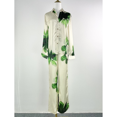 C2189外贸新款顺滑垂性印花长袖长裤女两件套气质时髦宽松套装