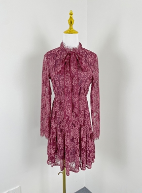 K3067松紧收腰淑女镂空蕾丝裙2025新款女装系带蝴蝶结立领连衣裙