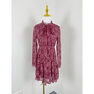 K3067松紧收腰淑女镂空蕾丝裙2025新款 系带蝴蝶结立领连衣裙 女装