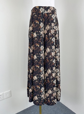 K2121时髦印花侧拉链阔腿裤裙裤2026春新款女装两侧斜插袋九分裤