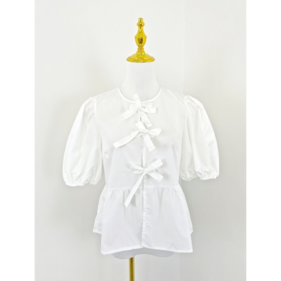 J2102早秋新款女装甜美减龄泡泡袖上衣系带蝴蝶结开衫纯色娃娃衫