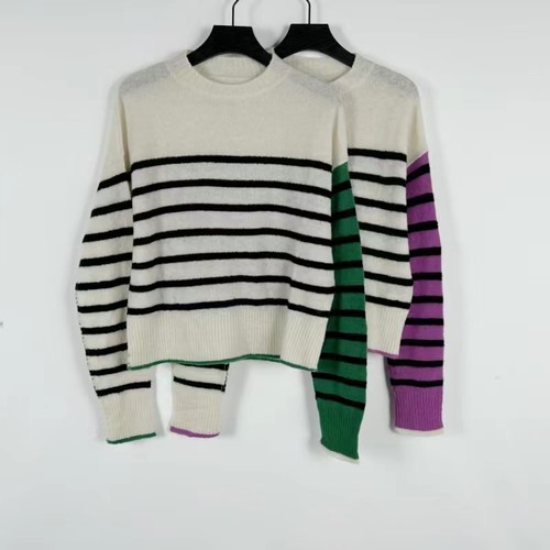 A0029圆领条纹羊毛衫2022秋季新款女装拼色休闲长袖针织衫上衣