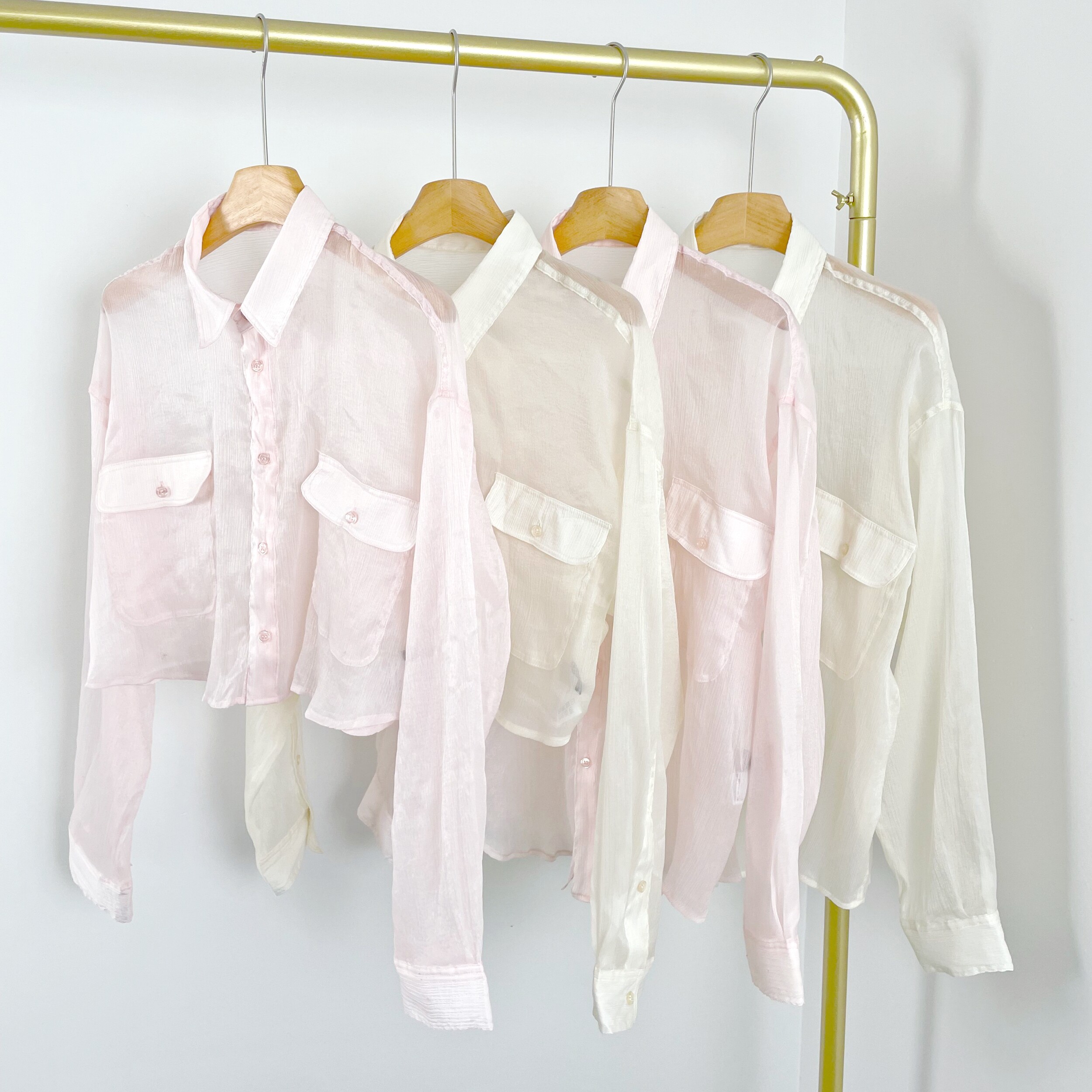 J2123日单新款女装翻领薄纱防晒衬衣肌理褶皱透视轻盈长袖衬衫