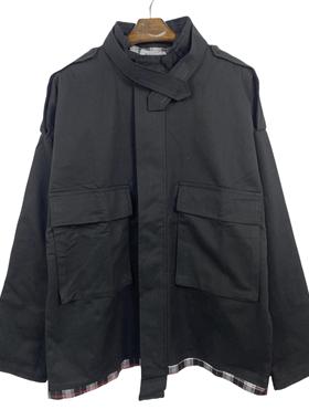 A4002外贸新款女装bf风复古工装外套格子拼接中长款学生休闲风衣