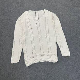 J4002时髦镂空女慵懒风毛衣2025秋新款 复古手工钩花宽松V领针织衫