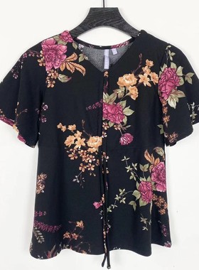 C0022夏季新款女装V领韩版短袖上衣透气印花气质系带百搭显瘦T恤