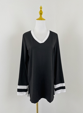 E7049秋季新款撞色拼接V领女上衣弹力舒适宽松侧开叉休闲T恤