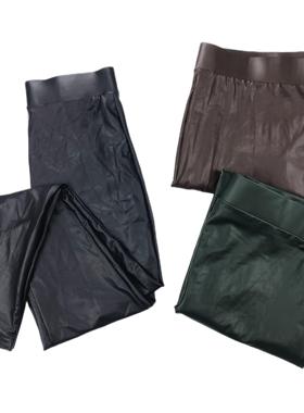 C4006欧美女装大码仿皮休闲裤高腰外穿薄款显瘦纯色时尚长裤