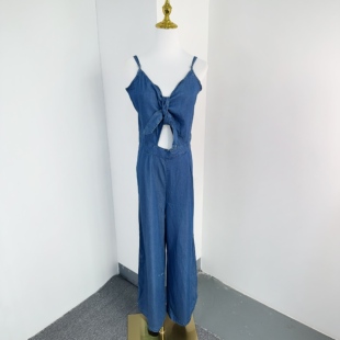 E7173春夏款设计感露背镂空扭结牛仔吊带连体裤高腰长款连体裤
