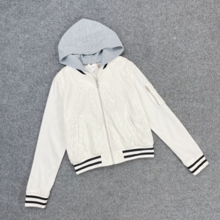 C8022日单新款可拆卸连帽女拉链外套蕾丝拼接时尚休闲夹克上衣