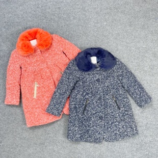 K6157外贸新款儿童毛毛翻领拉链口袋洋气外套单排扣女童呢子大衣