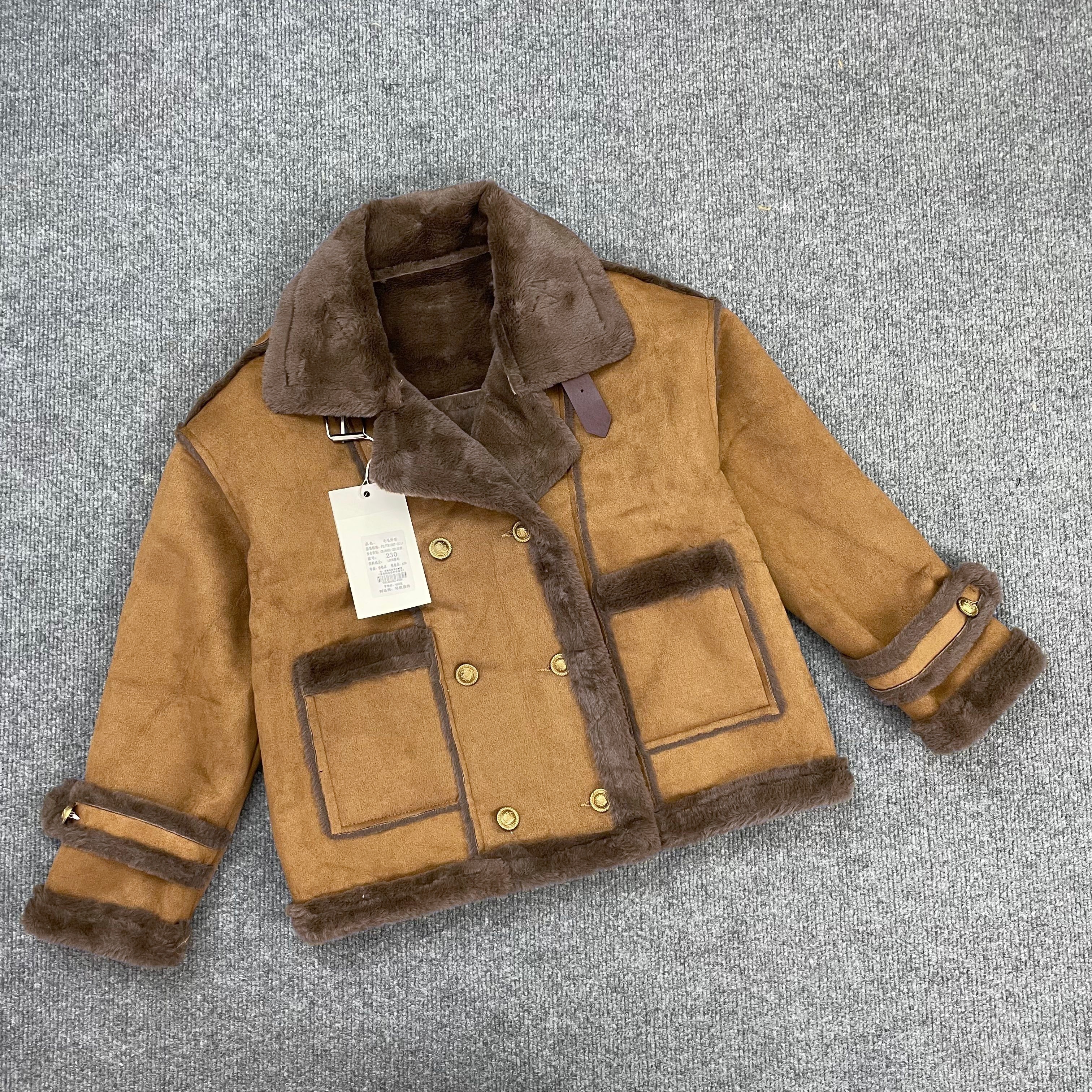 K1047皮毛一体女外套2025冬季新款加绒保暖双排扣翻领毛毛上衣