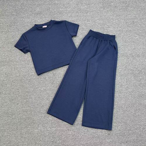 C2207新款儿童藏蓝色短袖套装T恤阔腿裤时尚休闲运动服两件套