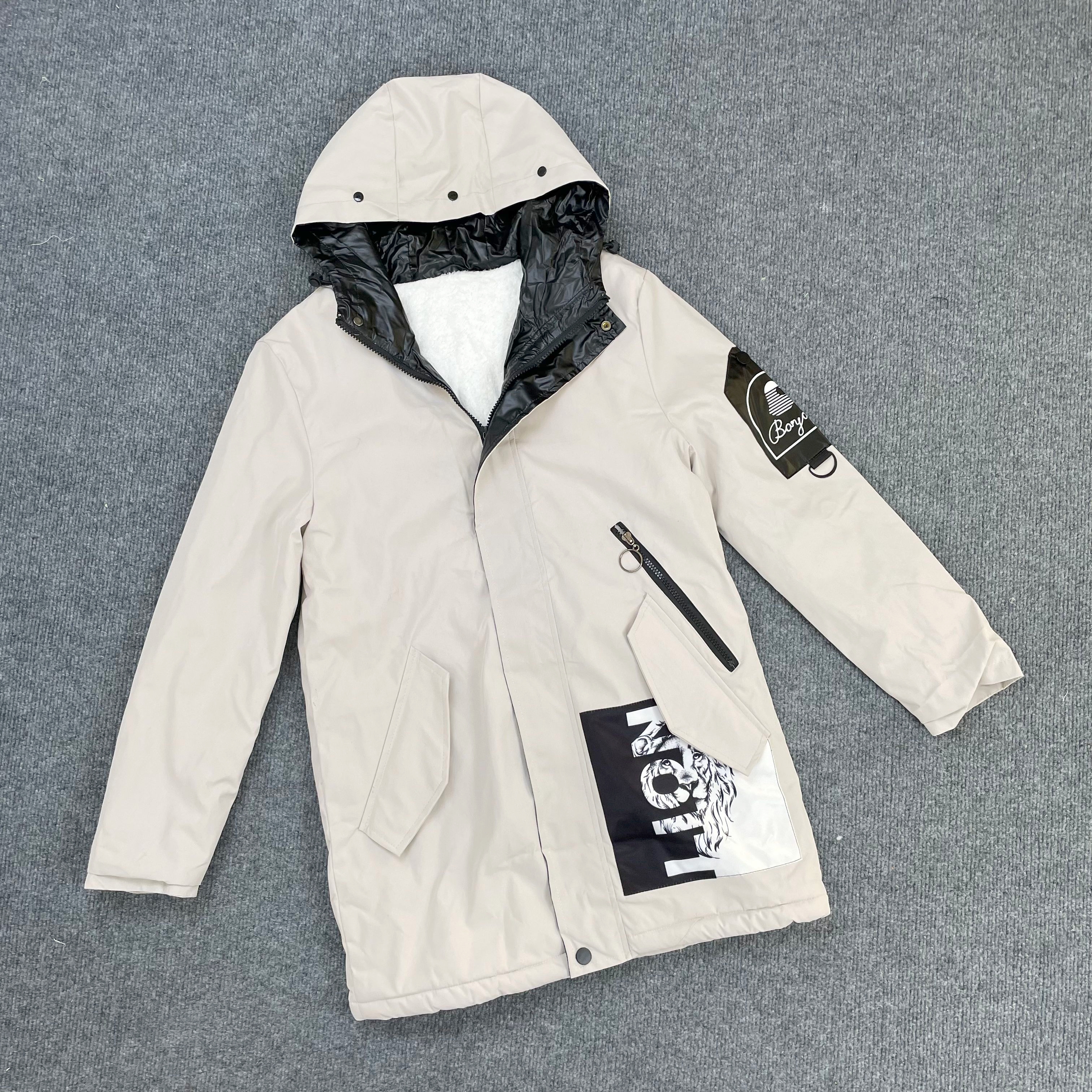 冬季新款男装加绒保暖贴布棉服青少年休闲中长款棉衣外套