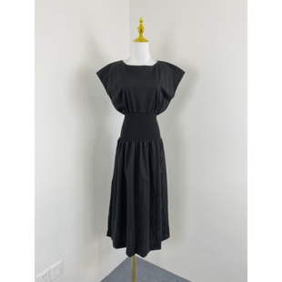 J1014法式 女士圆领气质连衣裙松紧收腰显瘦赫本风长裙 小飞袖