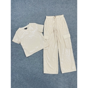 工装 上衣 裤 女两件套时尚 E7003外贸新款 小众套装 宽松亮片短袖