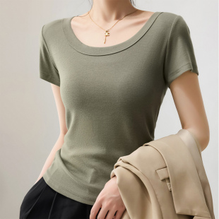 螺纹短袖T恤女修身U领显瘦纯色简约上衣2026夏季女装正肩棉质小衫