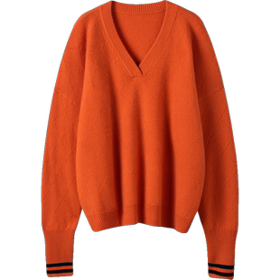 随意又洋气!加厚桔红色菱格山羊绒衫女纯羊绒毛衣宽松慵懒风新款