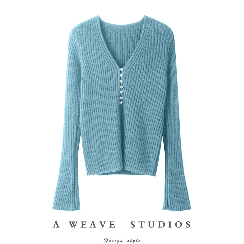 雅致大方！简约好穿珍珠扣V领纯羊绒针织开衫女喇叭袖秋冬毛衣,女装/女士精品,羊绒衫,淘宝优惠券,粉丝福利购,淘宝优惠卷