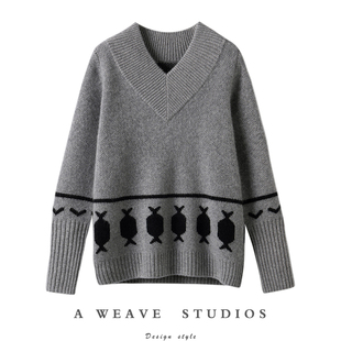 100%山羊绒V领羊绒衫 时髦度狂高 套头针织氛围上衣毛衣保暖