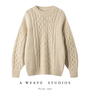 别致气质很仙 女圆领纯羊绒毛衣廓形宽松慵懒风 重磅加厚羊绒衫