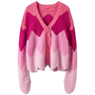 美到沾沾自喜~新款粉色羊绒毛衣开衫女时尚羊绒针织衫外套女宽松