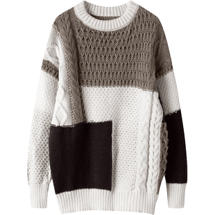 凭实力说话！！拼接撞色纯山羊绒毛衣24年新款女慵懒风针织上衣