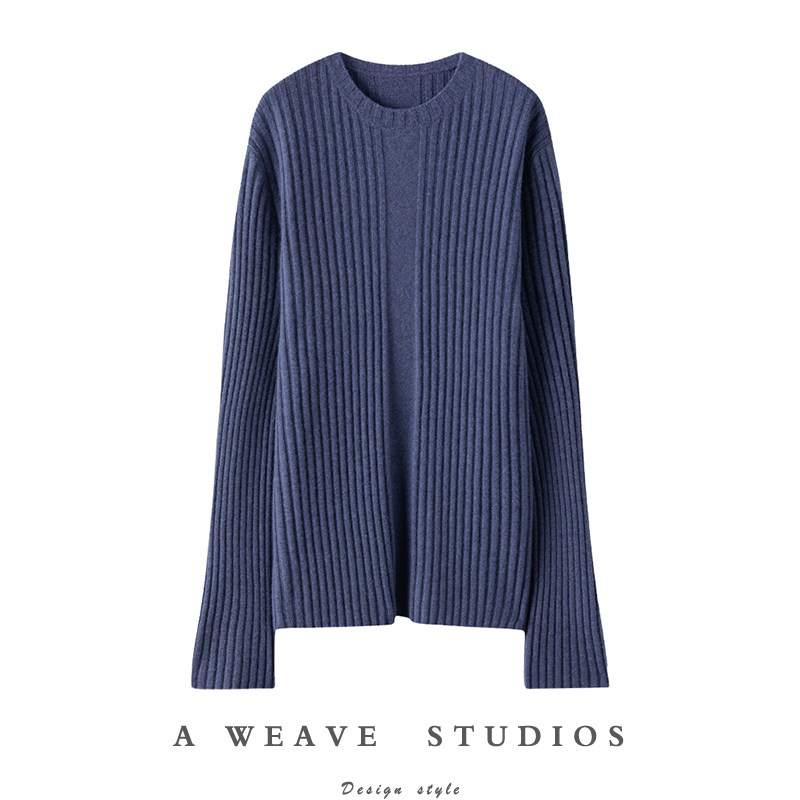 牧绒飞〓绒+〓深牛仔蓝喇叭袖圆领羊绒毛衣女纯羊绒针织衫24新款