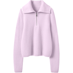 实穿优雅利落~秋冬半拉链大翻领羊绒衫女加厚宽松针织羊绒毛衣