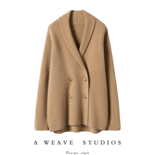 女外套毛衣 白色廓形双排扣100%纯羊绒开衫 无可替代 重磅加厚