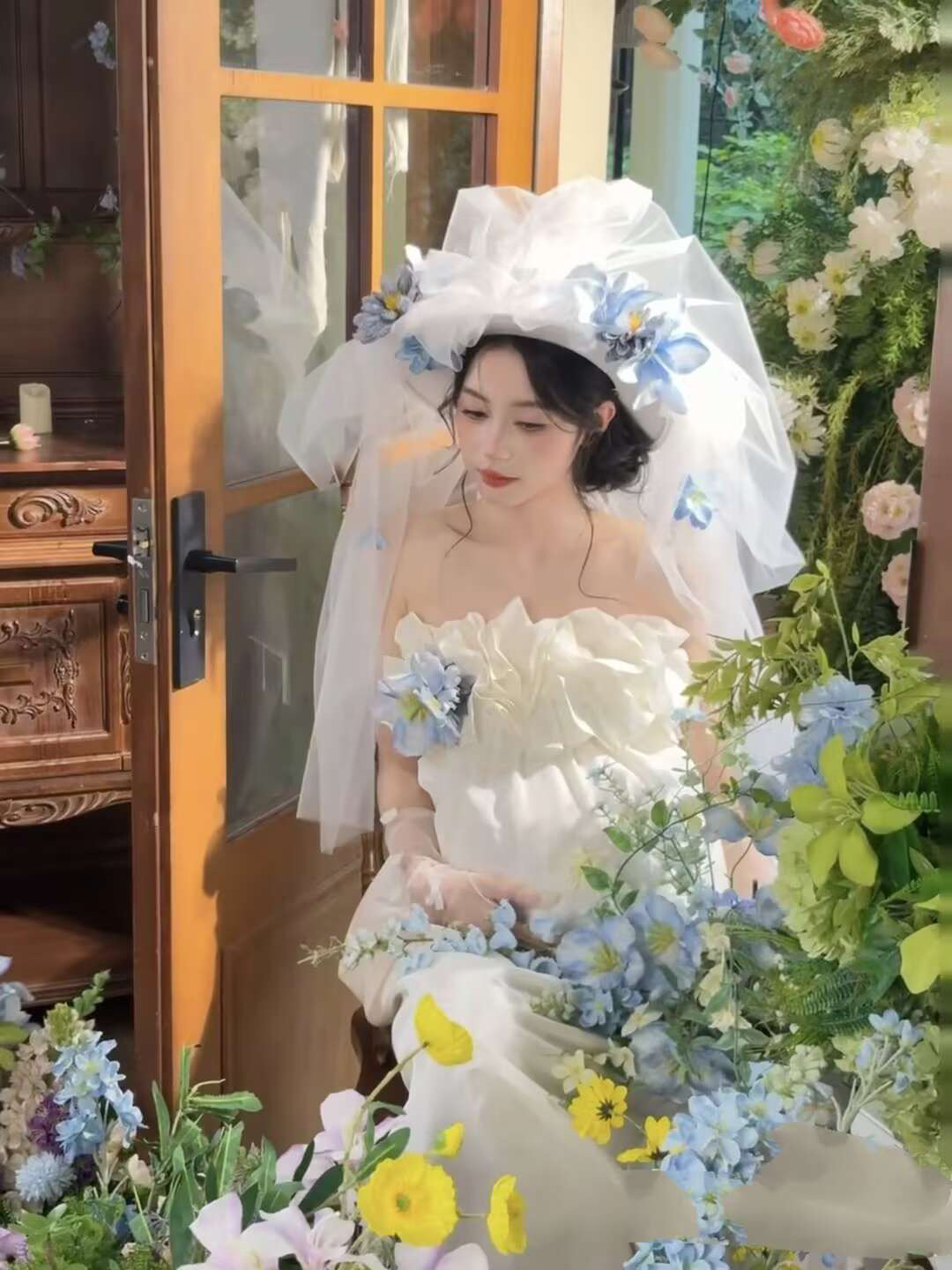 新娘法式复古抓纱成品帽子头纱旅拍样片头饰森系结婚影楼拍照配饰