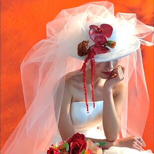 成品抓纱法式帽子头纱礼帽复古旅拍样片头饰森系结婚拍照写真头饰