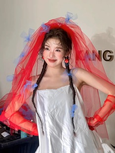 新娘蓝色蝴蝶结红色头纱复古拍照婚纱照影楼摄影主头饰旅拍配饰