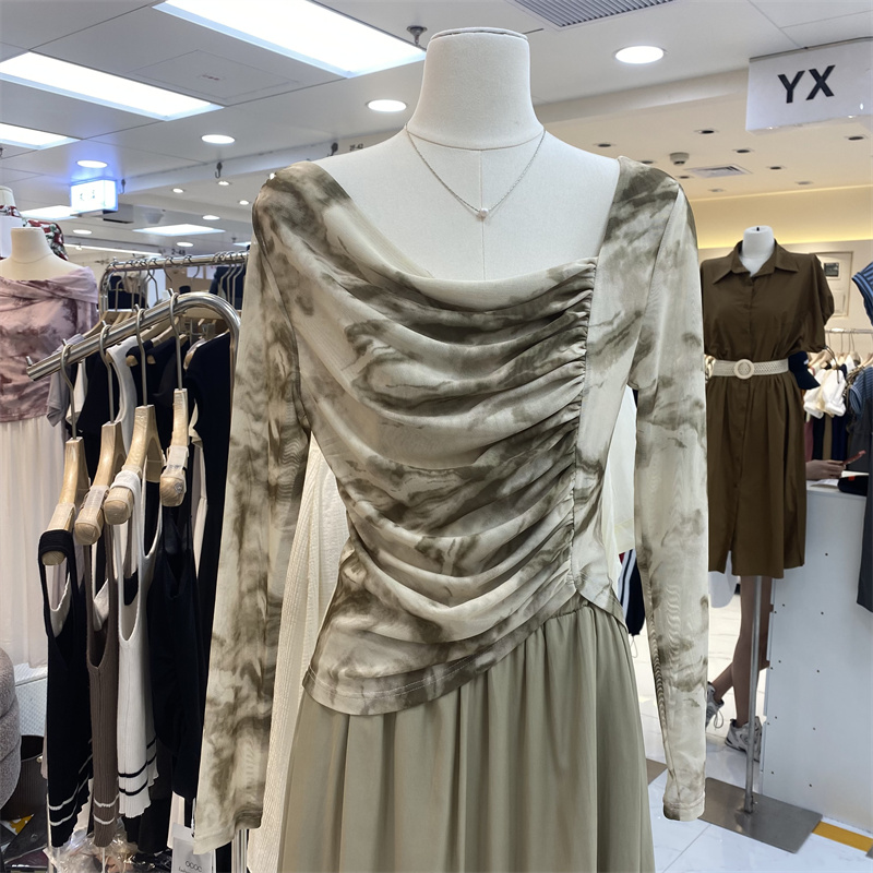 扎染长袖T恤女修身显瘦网纱上衣