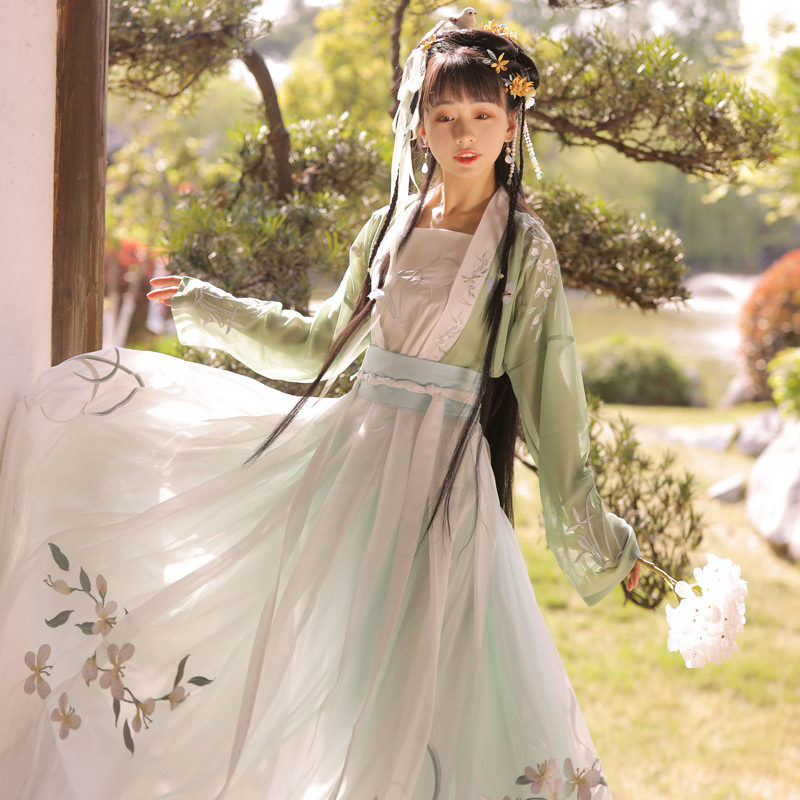 独悠汉服女中国风原创正品刺绣吊带对襟衫短褙子一片式齐腰襦裙夏