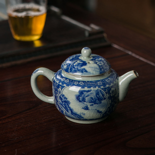 景德镇陶瓷青花山水宫灯壶茶壶陶瓷纯手工带球孔单壶老陶泥开片