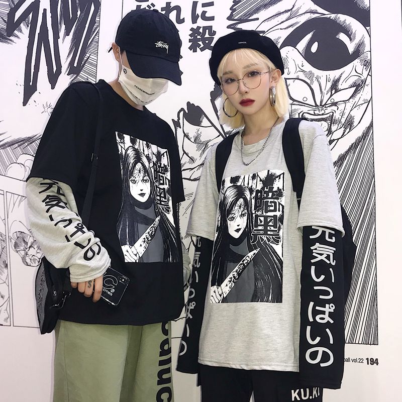 ins同款原宿bf风暗黑漫画日文字印花拼接假两件男女T恤卫衣打底衫