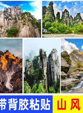泰山黄山风水镇宅背有靠山图贴画