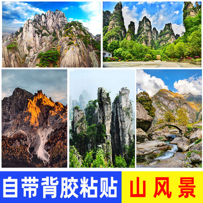 泰山黄山风水镇宅背有靠山图贴画