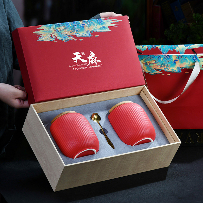 高档滋补品礼盒定制 天麻/鹿茸片/ 高丽参包装盒空盒瓷罐批发定制